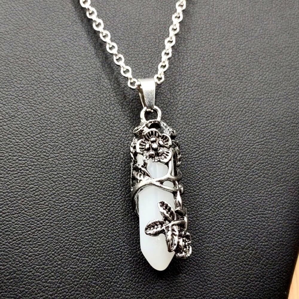 925 Silver Necklace W/ White Quartz Crystal Boho Floral Vine Women's Vtg Gift